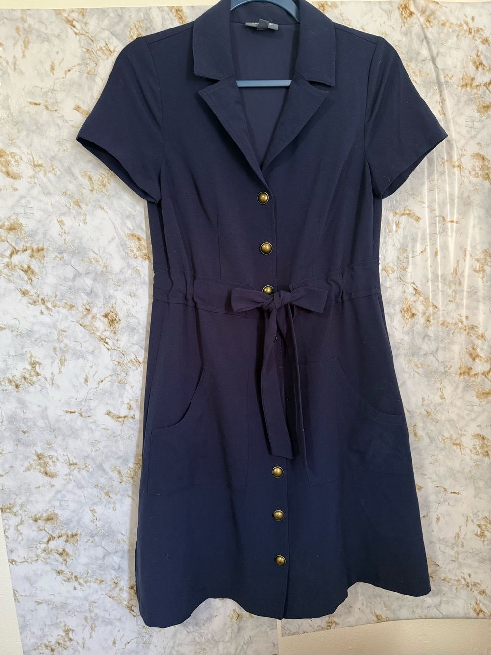 Modcloth Navy Short-Sleeve Midi Shirt Dress with Tie Waist